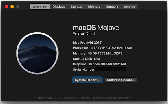 Reports using Retail Sapphire Radeon RX 580 in Mac Pro macOS Mojave, High Sierra, and 10.12.6